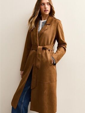 Tahari Faux Suede Long Coat Camel Tan Duster Trench Jacket Size S